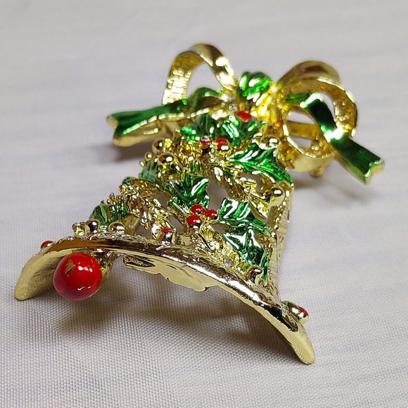 Christmas Holiday Rhinestone Gold Dangler Bell Brooch Sparkler Pin Red Green - Picture 2 of 7